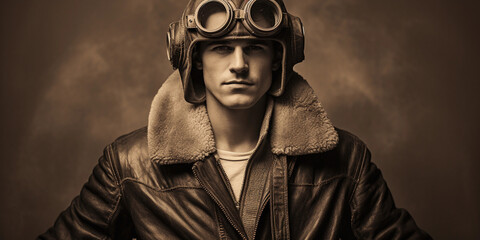 leather flight jacket, aviator goggles, propeller plane background