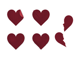 Set of stickers in the shape of a heart. Red paper hearts on a white background. Valentine's Day concept