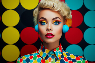 Pop art portrait with bright, saturated colors, comic book dot patterns, bold outlines, exaggerated expressions