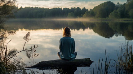portrait in nature, individual sitting by a still lake, mirrored image on water, peaceful dawn light