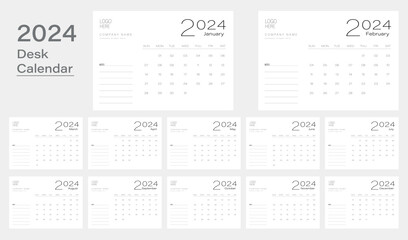 Vector desk calendar 2024 design, week start Monday, vector illustration, calendar layout.