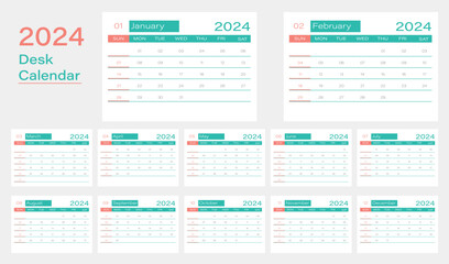 Vector desk calendar 2024 design, week start Monday, vector illustration, calendar layout.