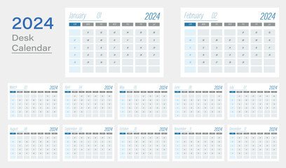 Vector desk calendar 2024 design, week start Monday, vector illustration, calendar layout.