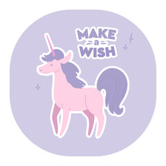 Pink unicorn text make wish. Greeting card, poster