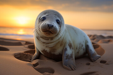 Seal pup lying on beach - obrazy, fototapety, plakaty