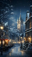 Christmas and New Year background. Winter cityscape with Christmas trees and houses. - obrazy, fototapety, plakaty