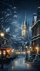 Poster Christmas and New Year background. Winter cityscape with Christmas trees and houses. © A