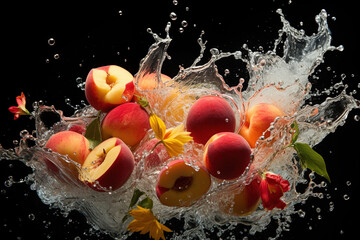 Peaches in splashes of water. Generative AI.