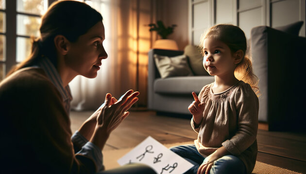 A mother teaches sign language to her young child. One of the best ways to start teaching sign language to kids is by teaching them basic vocabulary. 