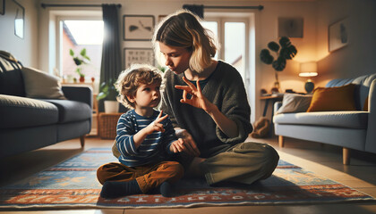 A mother teaches sign language to her young child. One of the best ways to start teaching sign language to kids is by teaching them basic vocabulary.  - obrazy, fototapety, plakaty