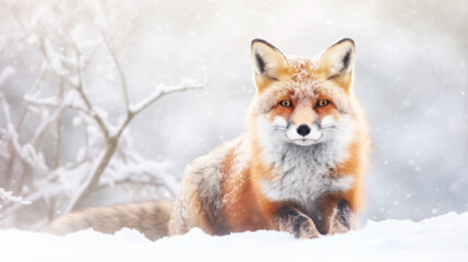 Portrait of a Red fox lying in snow