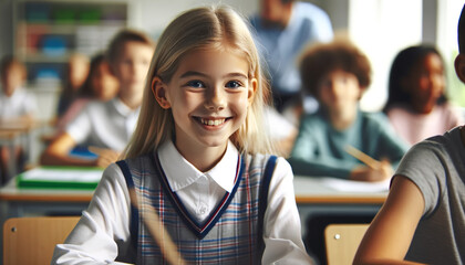 Smiling Swedish girl sitting at a desk in the school classroom.Elementary or Primary school age.