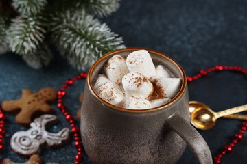 Obraz na płótnie Canvas A cup of hot cocoa with white marshmallows in a mug. Christmas and new year. Winter holidays.