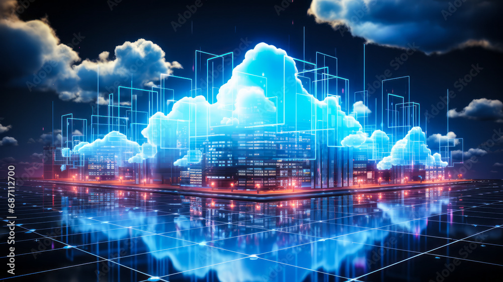 Poster digital illustration of cloud computing network with glowing blue clouds and data streams on a futur