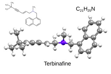 Chemical formula, structural formula and 3D ball-and-stick model of an antifungal agent terbinafine