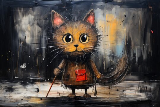 A painting of a cat holding a red bag.