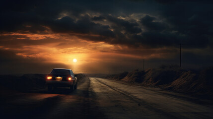 Fototapeta na wymiar Vibrant Sunset and Light Streaks on Countryside Road