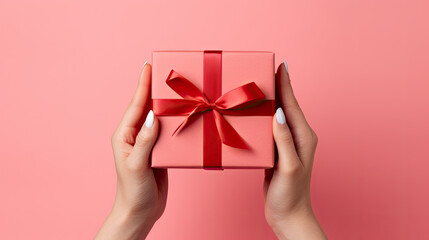 person holding a gift box, woman's hand holding red gift  box, Present for birthday, valentine day, Christmas, New Year. Congratulations background copy space.