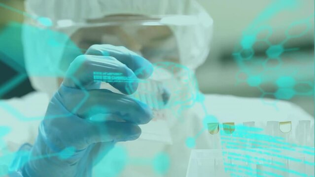 Animation of scientific data processing over scientist with beakers in laboratory