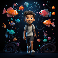 3d cartoon Character of boy in the water with fish