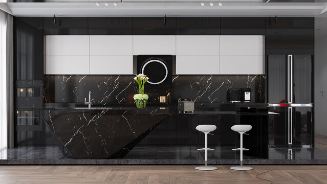 Stylish Black marbel kitchen interior design and outlook arrangements