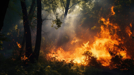 A massive wildfire. A natural disaster. Summer fire.  - obrazy, fototapety, plakaty