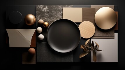 AI generated image - interior design material moodboard - black color tones