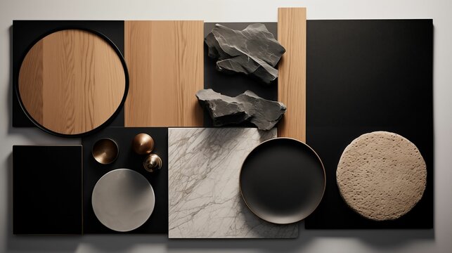 AI generated image - interior design material moodboard - black color tones