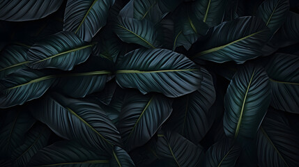 Closeup of tropical exotic seamless pattern palm leaves, leaf on night dark background. Green and black.