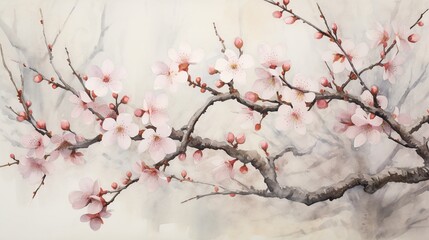Ephemeral Beauty: Cherry Blossoms in Full Bloom, Delicate Petals Floating on Aged Paper