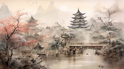 Blossoms of Serenity: Cherry Blossoms in Full Bloom with Distant Pagoda on Aged Paper