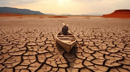 Foto op Plexiglas  man on the boat in a dry lake, dry cracked soil © Planetz