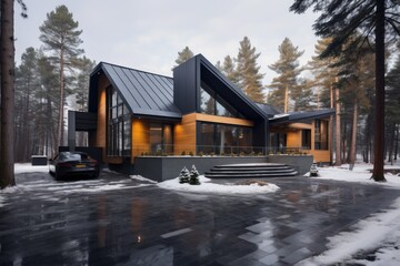 Modern exterior of luxury cottage. Private house in scandinavian style at winter evening