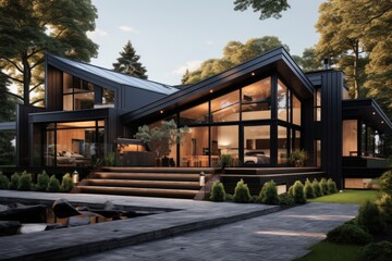 Modern exterior of luxury cottage. Private house in scandinavian style
