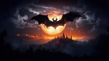Bat in night sky, full Moon and vampire castle - obrazy, fototapety, plakaty