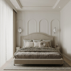 Bedroom interior design, luxury bed and wall decoration for a studio apartment interior design