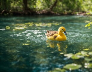 A yellow duckling swims in the bright blue water of the river, surrounded by lush greenery of trees