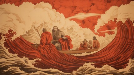 Divine Exodus: Moses Parting the Red Sea in a Painting on Old Paper - obrazy, fototapety, plakaty