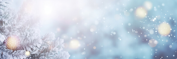 Snow covered branches with blurred bokeh effect. This image is perfect for winter-themed designs, holiday backgrounds, and seasonal greeting cards. It captures the serene beauty of a snowy landscape. - obrazy, fototapety, plakaty