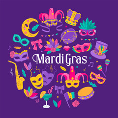 Mardi Gras Carnival design elements. Decoration for carnival, festival, masquerade party. Venetian mask, crown, feathers, flags, musical instruments. Vector isolated illustrations.