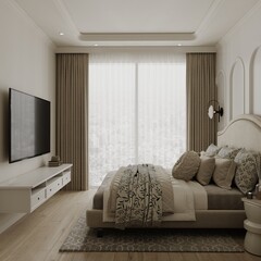 Studio Apartment modern bedroom interior design with white bed, smart wall decor tv