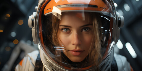 Frau als Astronautin mit Anzug und Helm bei der Raumfahrt, ai generativ - obrazy, fototapety, plakaty