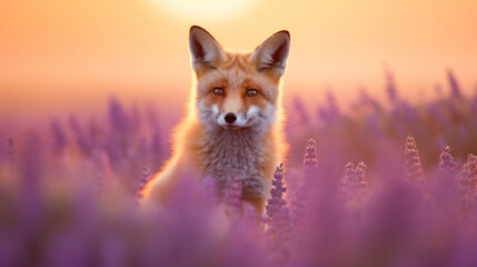 Fluffy red fox in lavender flowers