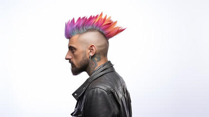 Young male punk with mohawk hairstyle on white background