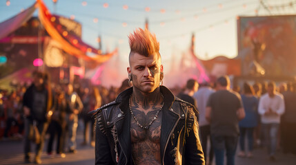 Young happy punk with mohawk hairstyle, open air music festival - obrazy, fototapety, plakaty