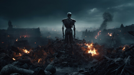 Obraz premium Rise of the machines - Robot Death on burning ruins