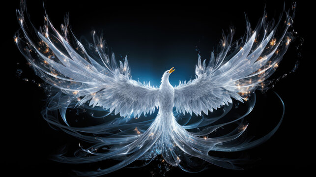 Magic shining silver phoenix bird