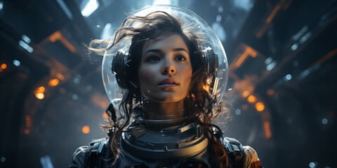 Frau als Astronautin mit Anzug und Helm bei der Raumfahrt, ai generativ - obrazy, fototapety, plakaty