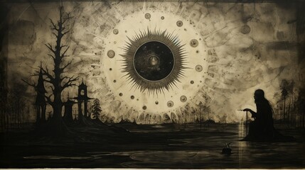 Ancient Prophecy: Thales Predicting a Solar Eclipse in a Painting on Old Paper - obrazy, fototapety, plakaty