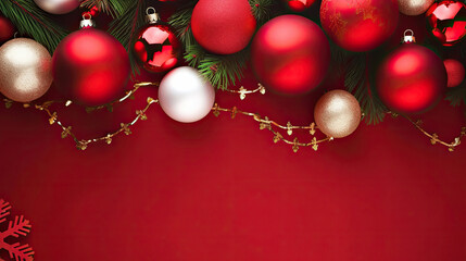 Christmas background with xmas tree and sparkle bokeh lights on red canvas background. Merry christmas card. Winter holiday theme. Happy New Year. Space for text, top view	
